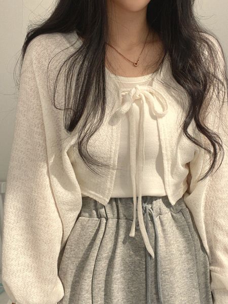 

women's knits tees thin white cardigan women summer sunscreen laceup knitwear lady korean style casual lantern sleeve short sun protec