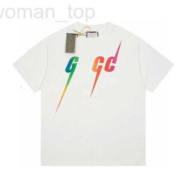 

women's t-shirt designer correct version gg short sleeved gu men and women couples trendy t-shirt rainbow gradient cartoon g home tshir, White