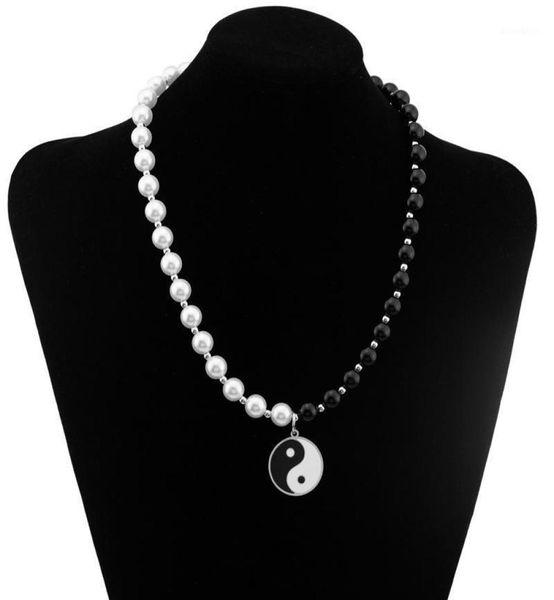 

chains stainless steel necklace tai chi disc pendant black and white pearl long punk fashion for men wom4684701, Silver
