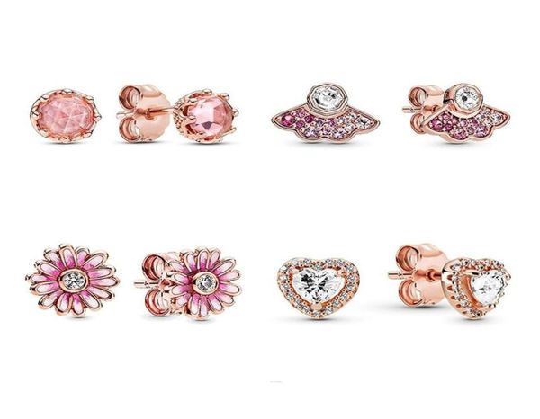 

genuine 925 silver pink diamond stud earrings luxury designer cz rose gold plated jewelry, p sparkling heart earrings with original box42951, Golden;silver