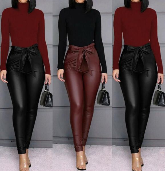 

new 2020 black winter pu leather pants women high waist skinny push up leggings elastic trousers stretch plus size jeggings8321616
