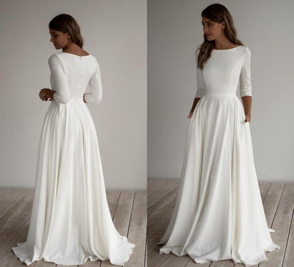 

crepe modest wedding dresses long sleeves pockest sweep train simple elegant informal boho country bridal gowns sleeved2709712, White