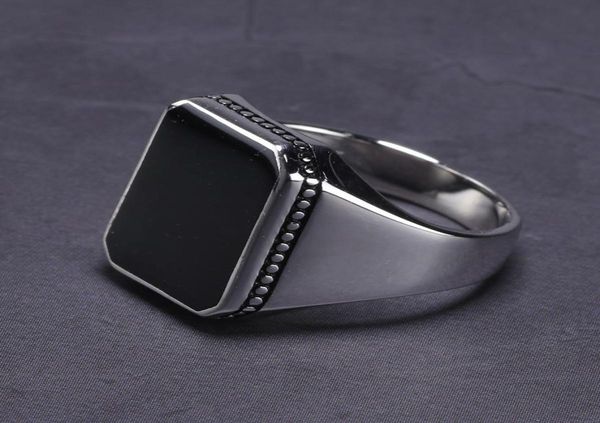 

real solid 925 sterling silver ring simple for men imitated black stone square flat high polishing middle east turkish jewelry c181397121, Slivery;golden