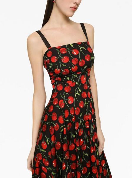 

high-quality runway style cherry pattern suspender dress, Black