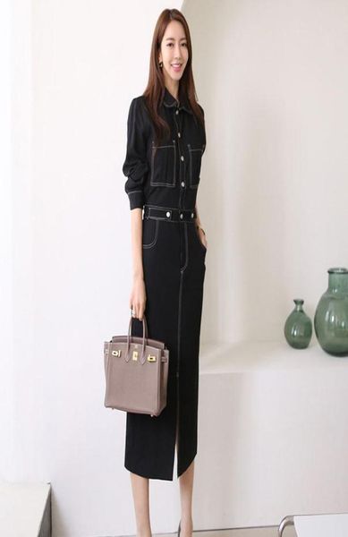 

onepiece spring autumn women039s dress 2021 french lapel singlebreasted long sleeve korean elastic waist temperament casual d2581848, Black;gray