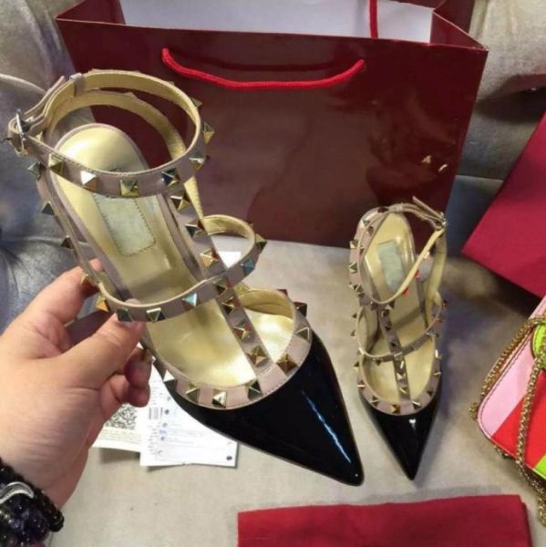 

designer pointed toe 2strap with studs high heels patent leather rivets sandals women studded strappy dress shoes high heel shoes45955482, Black