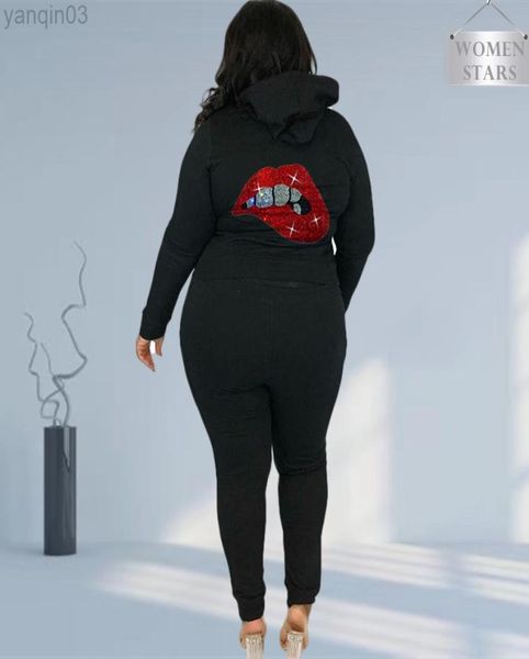 

women039s plus size tracksuits sets women clothing winter jogging pants tracksuit lip two piece outfits whole drop 3317922, Black