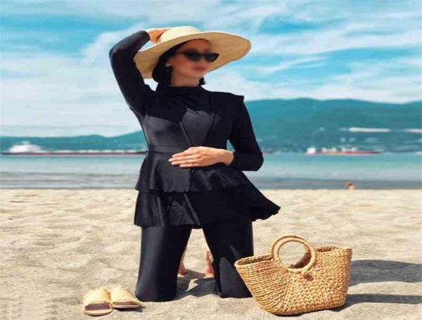 

lafata whole black ruffle plus size muslim swimwear burkini three piece with bra padding 2103246509947, White;black