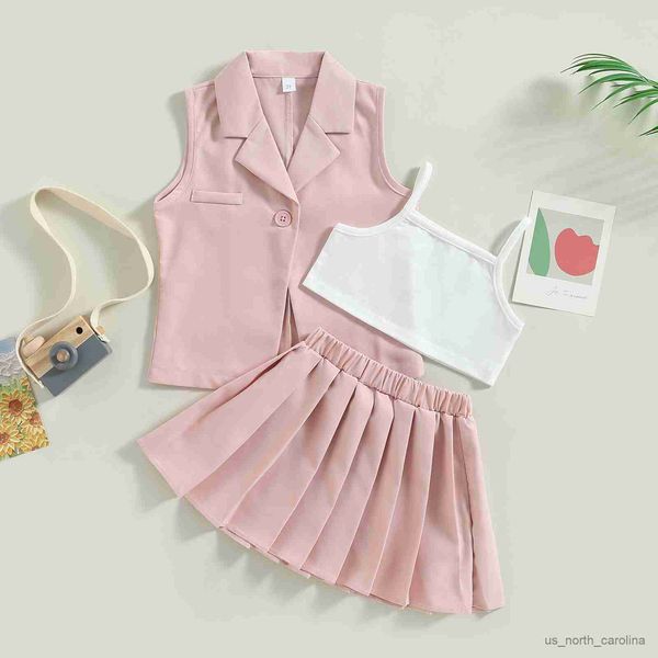 

jackets kids infant baby girl summer outfit casual camisole elastic pleated skirt and sleeveless jacket set for toddler 3-7t r230805, Blue;gray