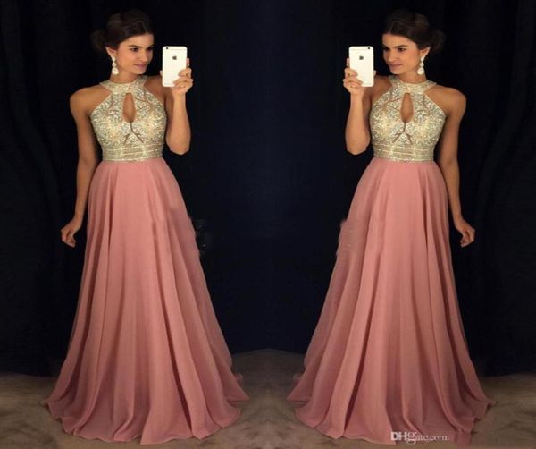 

pink prom evening dresses 2017 aline halter major beaded illusion bodice chiffon celebrity formal gowns dress for party wear plus4658007, Black