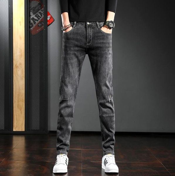 

2021 korean style men jeans fashion black gray slim fit pencil pants1905081, Blue