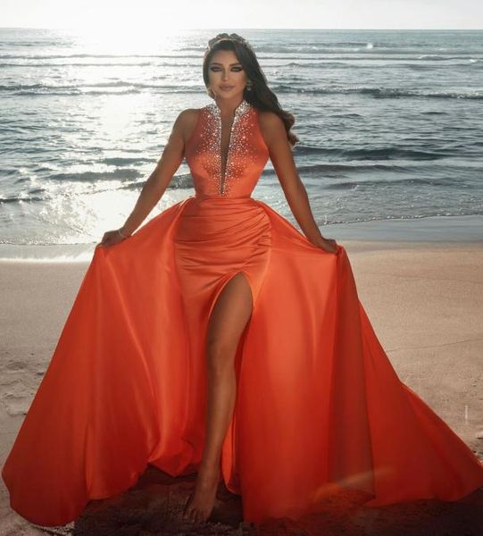

orange prom dresses keyhole neck mermaid beads crystals high split african sweep train evening gowns middle east plus size ve6816124, Black