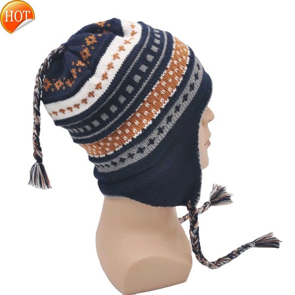 

custom keep warm lady winter cute ear flap hat knitted hat beanie men jacquard hat, Blue;gray