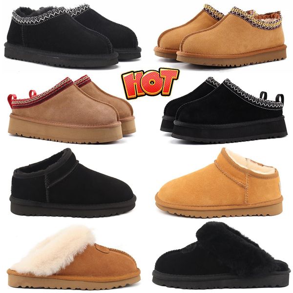 

tasman slippers chestnut fur slides sheepskin shearling tazz ultra mini women men new platform boot slip-on shoes suede upper fall uggity, Black