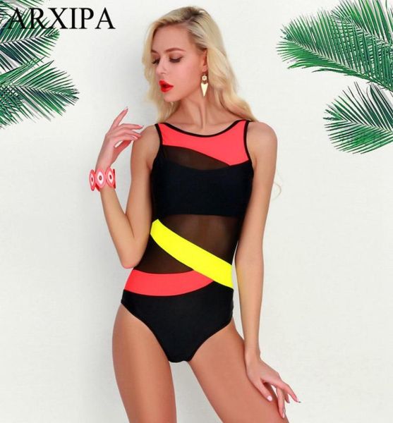 

arxipa 2019 one piece women sports swimwear mesh bikini set sheer patchwork swimsuit full brief bathing suit retro maillot racing 9251358, White;black