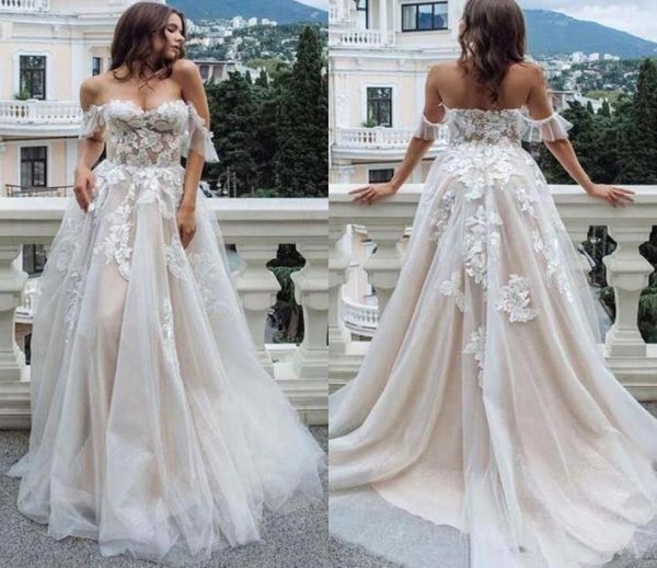 

country bohemian lace wedding dresses 2020 off the shoulder tulle appliques a line backless garden bride wedding robe de soriee bc5797808, White