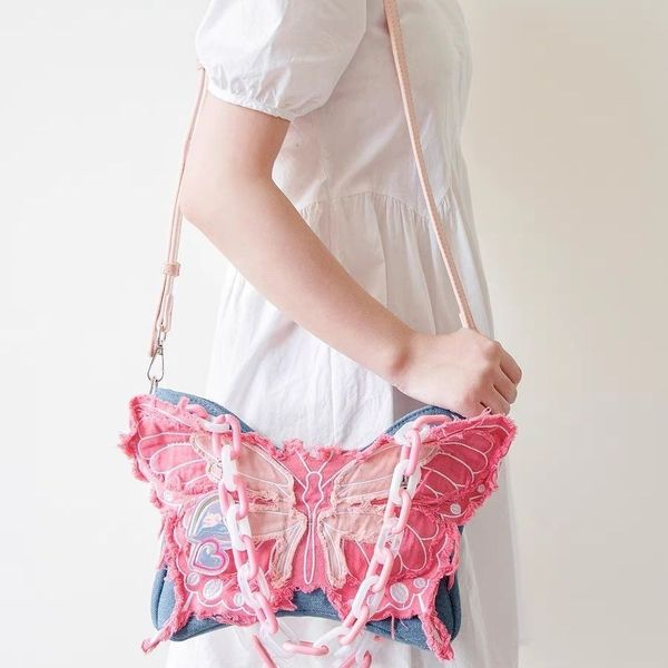 

Pink Butterfly Decor Crossbody Bag Y2K Denim Shoulder Bag fashion womens canvas shoulder bags the tote bag, Red