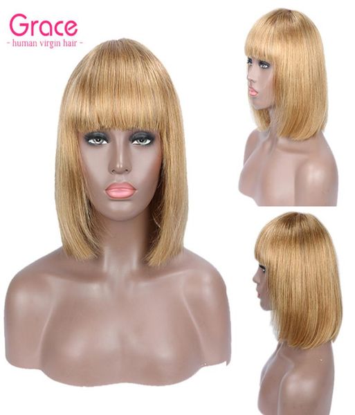 

27 short human hair wig pixie cut peruvian remy straight bob wigs with bangs for black women honey blonde glueless non lace front7380811, Black;brown