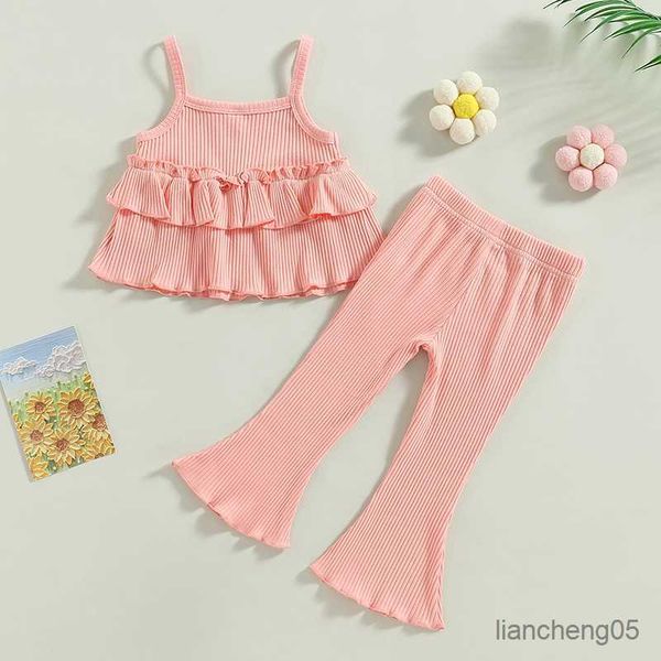

clothing sets children girls summer clothes set baby sleeveless layered ruffle sling flared solid color kids outfits r230824, White