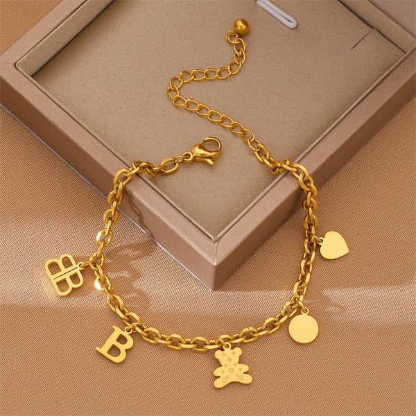 

beautiful gold plated letter bb bear charm bracelet stainless steel jewelry for women gift, Golden;silver