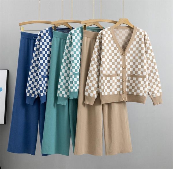 

30pcsset new women039s sweaters suit trousers female spring and autumn casual fashion plaid and wide leg pants2493696, White;black