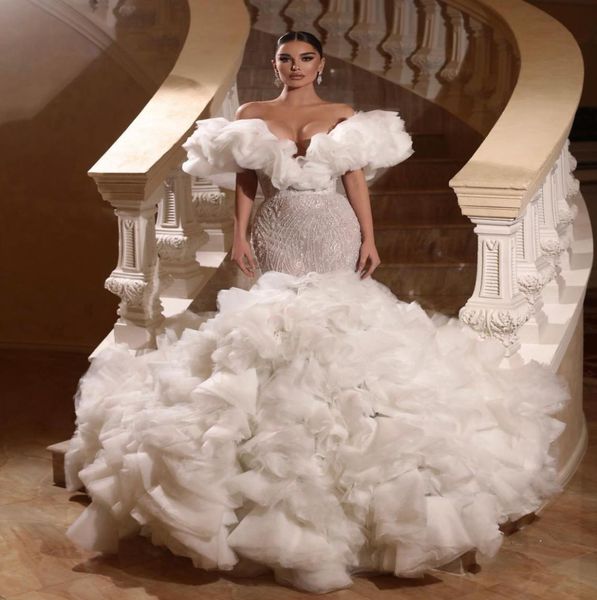

off the shoulder wedding dresses multilayered ruffles bridal gown custom made tulles sweetheart sweep train appliques robes de mar1575390, White