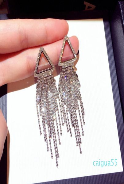 

new ins fashion designer luxury super glittering long tassel diamond rhinestone dangle chandelier stud earrings jewelry for woman 1353515, Golden;silver