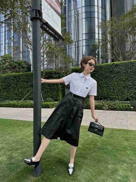 

basic & casual dresses designer p family 23 spring/summer new classic triangle label waist fold white shirt contrast black nylon lapel dress, Black;gray