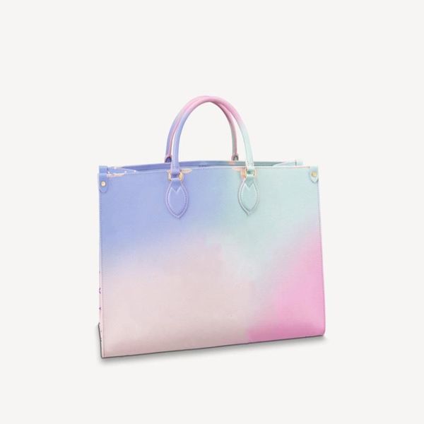 

est women's onthego gm m46076 tote bag sunrise pastel cowhide-leather long straps printed sari lining toron coated handles canvas count