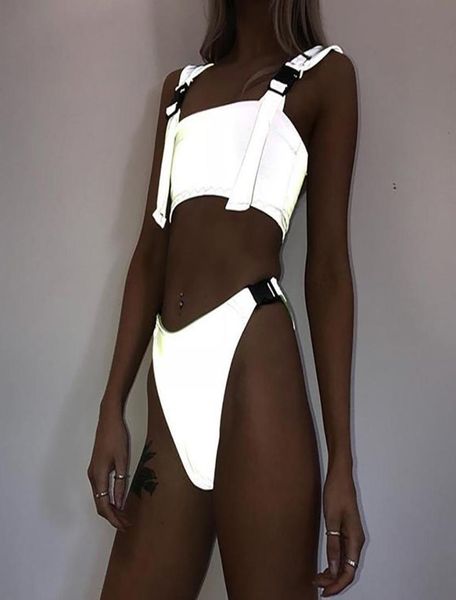

2019 new explosionproof reflective bikini fashion handsome girl luminous buckle stitching sling split swim suit9729718