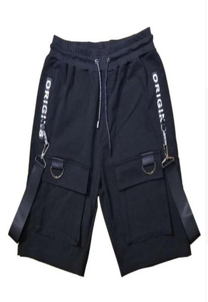 

men casual multi pockets ribbons hip hop punk cargo shorts streetwear mens hiphop skateboard short pants bermuda masculina 54541177855701, White;black