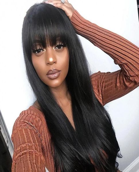 

brazilian straight human hair wigs with bangs no lace machine made wig for women 824 inch natural color9973130, Black;brown