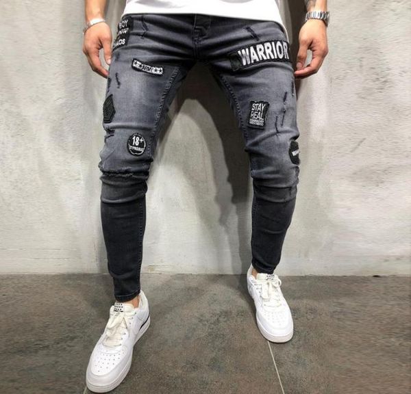 

mens stretchy ripped skinny biker jeans destroyed slim fit denim pants male elastic waist harem pants jeans4037456, Blue