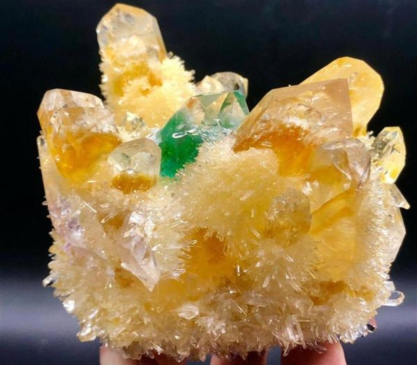 

new find yellow blue phantomquartz crystal cluster mineralspecime306g3164978, Black