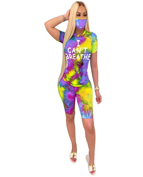 

i cant breathe women tracksuits tiedye letter printing round neck shortspants with mask sport shorts two piece sets clothing gga8863090, White