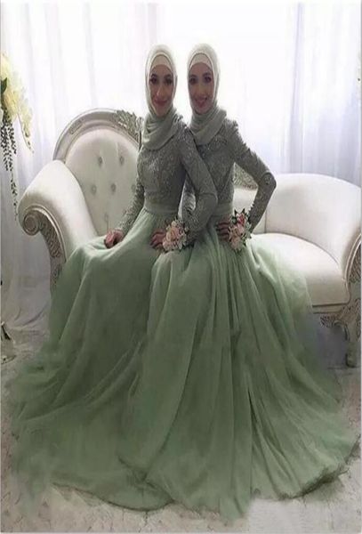 

elegant 2019 muslim bridesmaid dresses modest jewel neck long sleeves green lace and tulle arabic dresses for wedding maid of hono8168769, White;pink