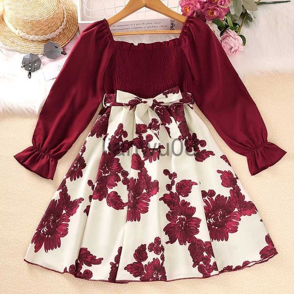 

girl's dresses kids floral print long sleeve dress for girls spring autumn 2023 new child casual shirred patched aline princess dress c, Red;yellow