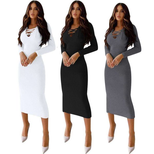 

autumn winter womens casual split pure color dress v neck long sleeve, Black;gray