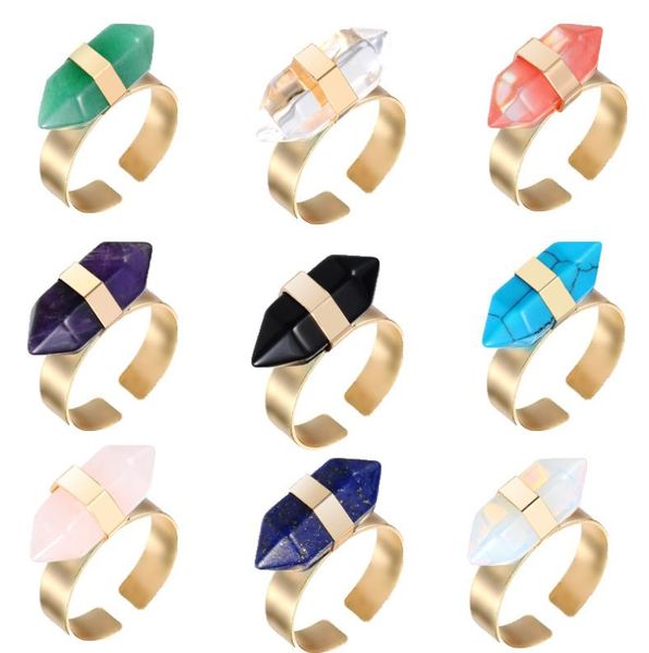 

natural stone open rings for women men hexagonal prism bullet healing crystal point tiger eye gemstone adjustable finger ring diy 7085552, Golden;silver