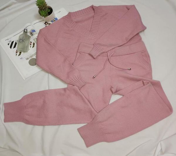 

women039s knits v collar slimming long sleeve jacket drawstring pantsuit78039055279453, White