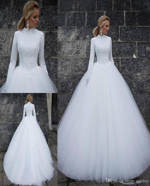 

vintage muslim lace wedding dresses a line high neck long sleeve zipper back sweep train bridal gown for plus size wedding party6050165, White