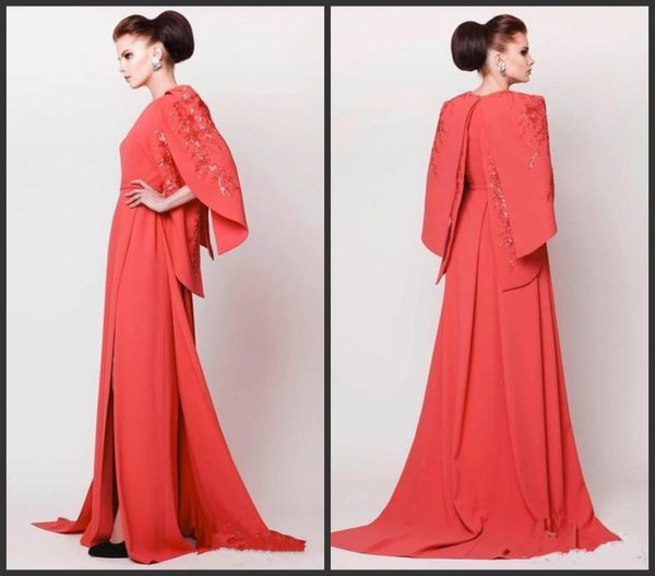 

new middle east women formal evening dresses with cape crew aline court train coral arabic kaftan side slit robe de soiree embroi8542920, Black;red