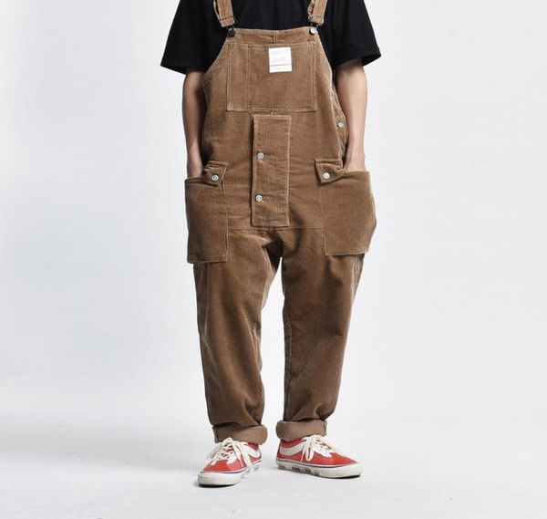

men039s pants men japan harajuku streetwear hip hop corduroy jumpsuit bib trousers overalls man women couple loose casual wide 5210139, Black