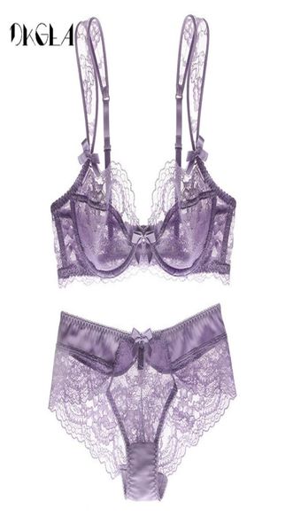 

hollow out bra underwear set transparent lace ultrathin lingerie set women embroidery plus size purple bra and panty sets y203893480, Red;black
