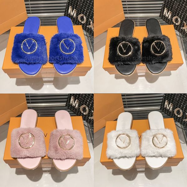 

luxury fur slides designer women slippers wool slides fluffy furry warm letters sandals comfortable woman flip flop slipper 35-41, Black