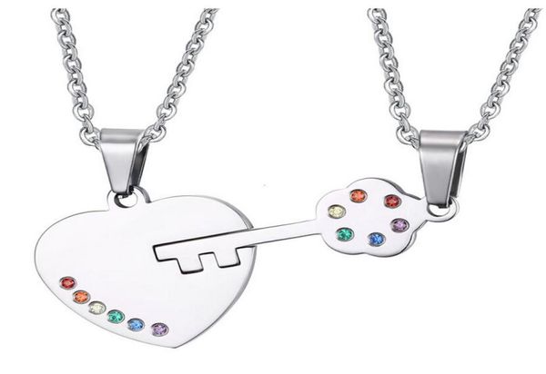 

fashion lock and key necklace pendants stainless steel lover pendant necklace for male and female rainbow gay pride pendant jewe5784081, Silver