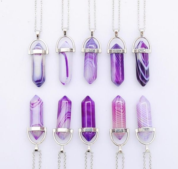 

red blue purple stripe agate necklaces chakra reiki healing hexagon prism crystal pendant pendulum necklace9916124, Silver