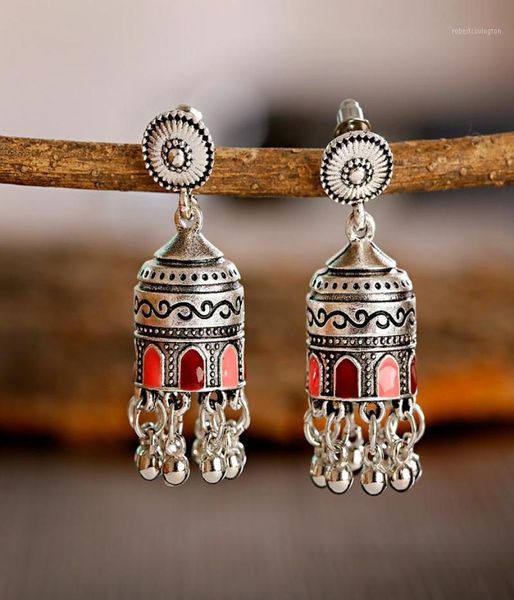 

retro bollywood oxidized womens jewellery ethnic silver carved afghan bell tassel drop jhumka earrings wedding jewelry14695352