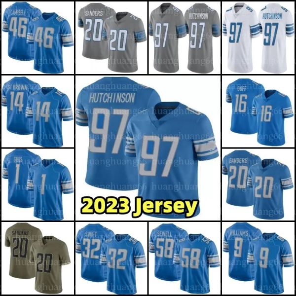 

detroit''lions''97 aidan hutchinson barry sanders football jersey amon-ra st. brown 26 gibbs 9 williams jared goff penei, Black;red