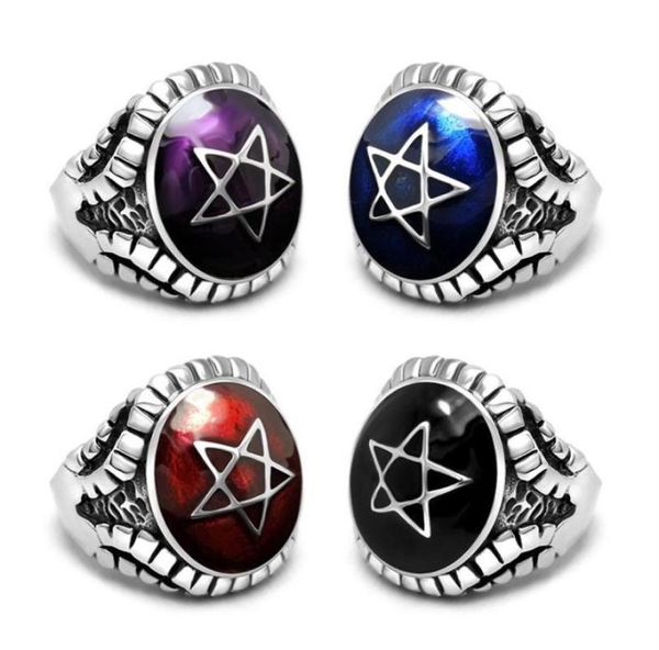 

4 colors stone with vintage star rings for men pentagram fashion jewelry titanium steel ring male retro style punk rock finger rin2338594, Silver
